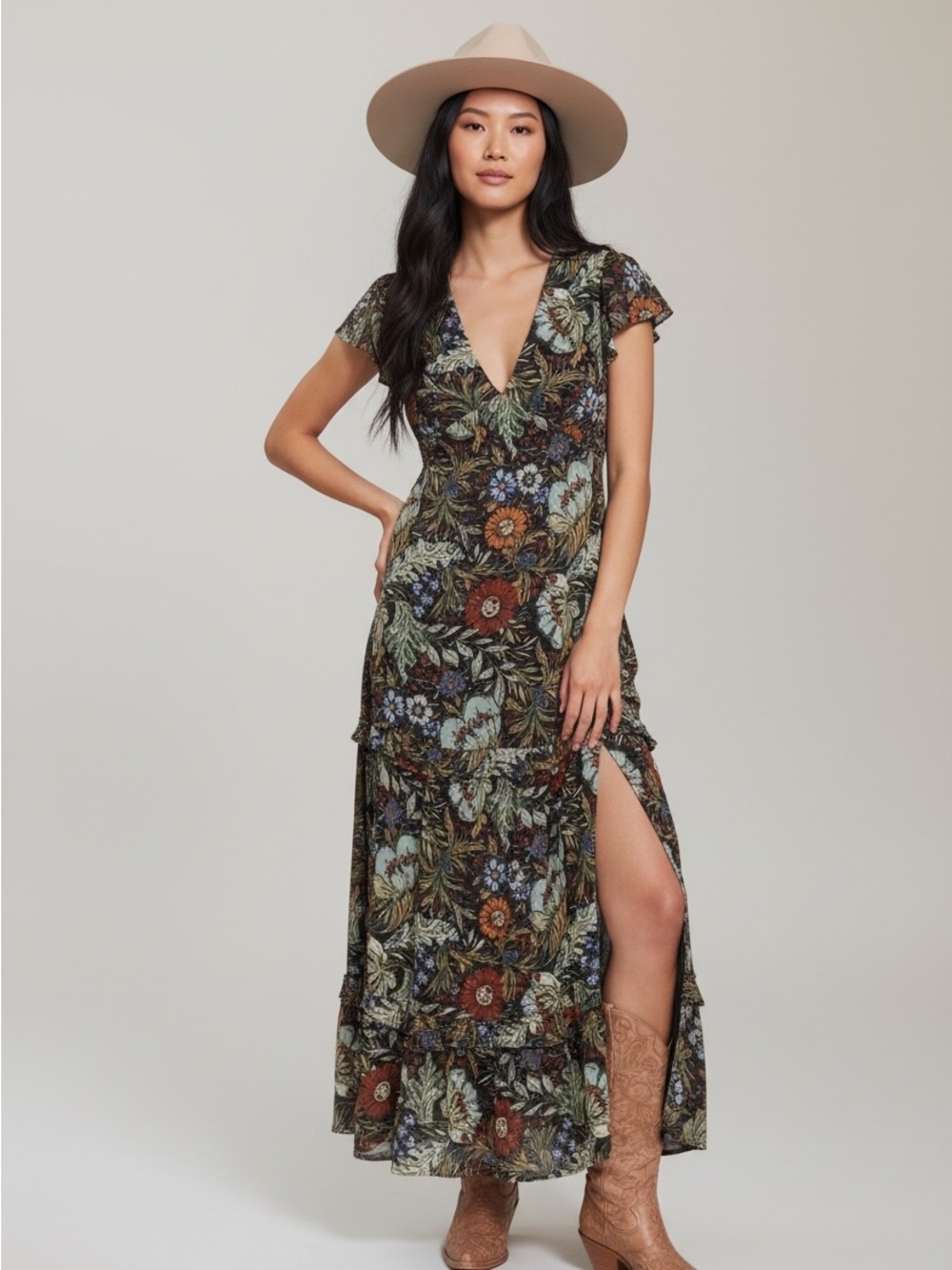 Baevely Floral Metallic Tiered Maxi Dress Whimsygoth Fairy Cap Sleeve Boho M
